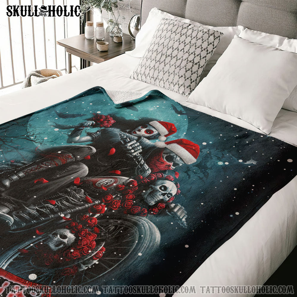 BLISSCORNERS PERSONALIZED SKULL BIKER COUPLE WOVEN & FLEECE BLANKET