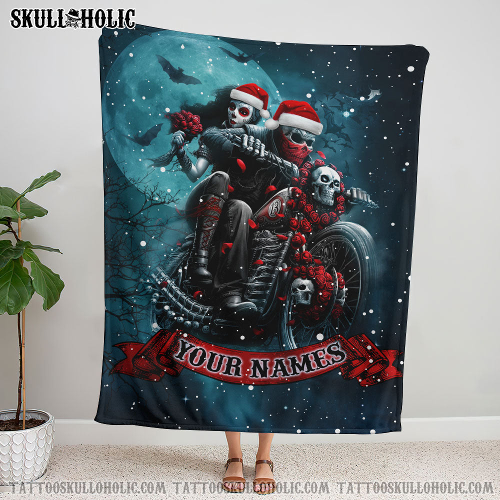 BLISSCORNERS PERSONALIZED SKULL BIKER COUPLE WOVEN & FLEECE BLANKET