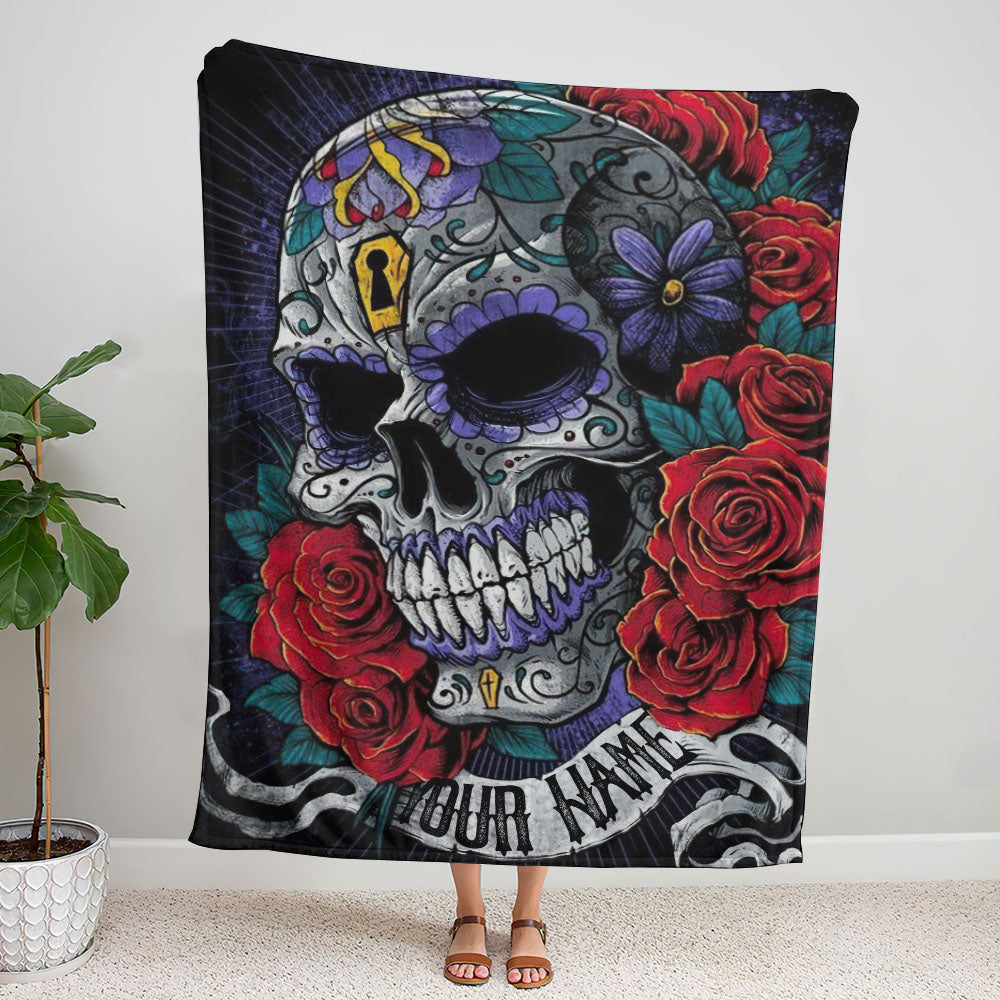 BLISSCORNERS PERSONALIZED SUGAR SKULL ROSE BANNER WOVEN & FLEECE BLANKET