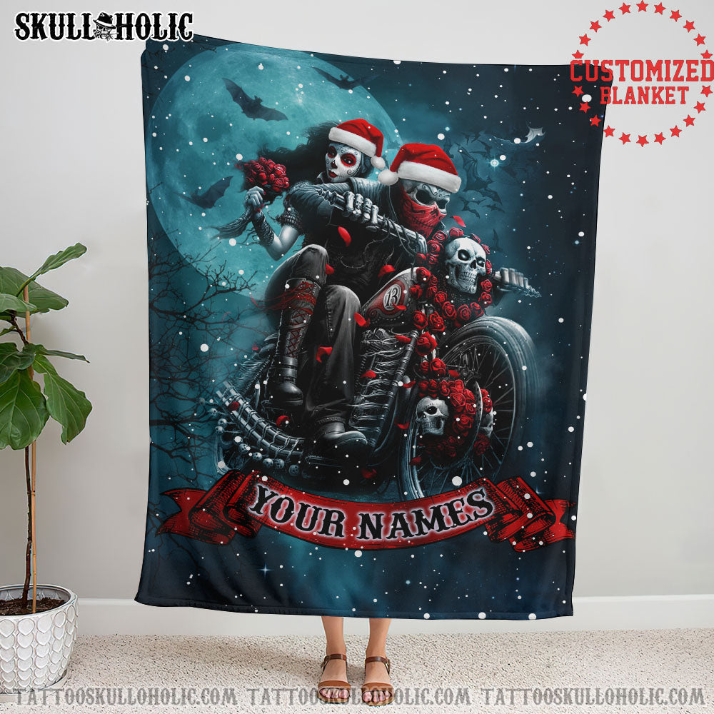 BLISSCORNERS PERSONALIZED SKULL BIKER COUPLE WOVEN & FLEECE BLANKET