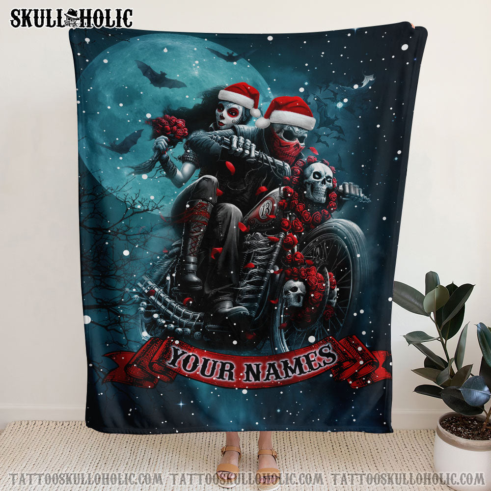 BLISSCORNERS PERSONALIZED SKULL BIKER COUPLE WOVEN & FLEECE BLANKET