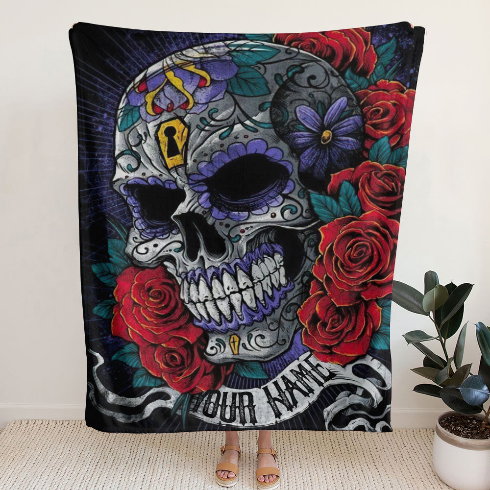 BLISSCORNERS PERSONALIZED SUGAR SKULL ROSE BANNER WOVEN & FLEECE BLANKET