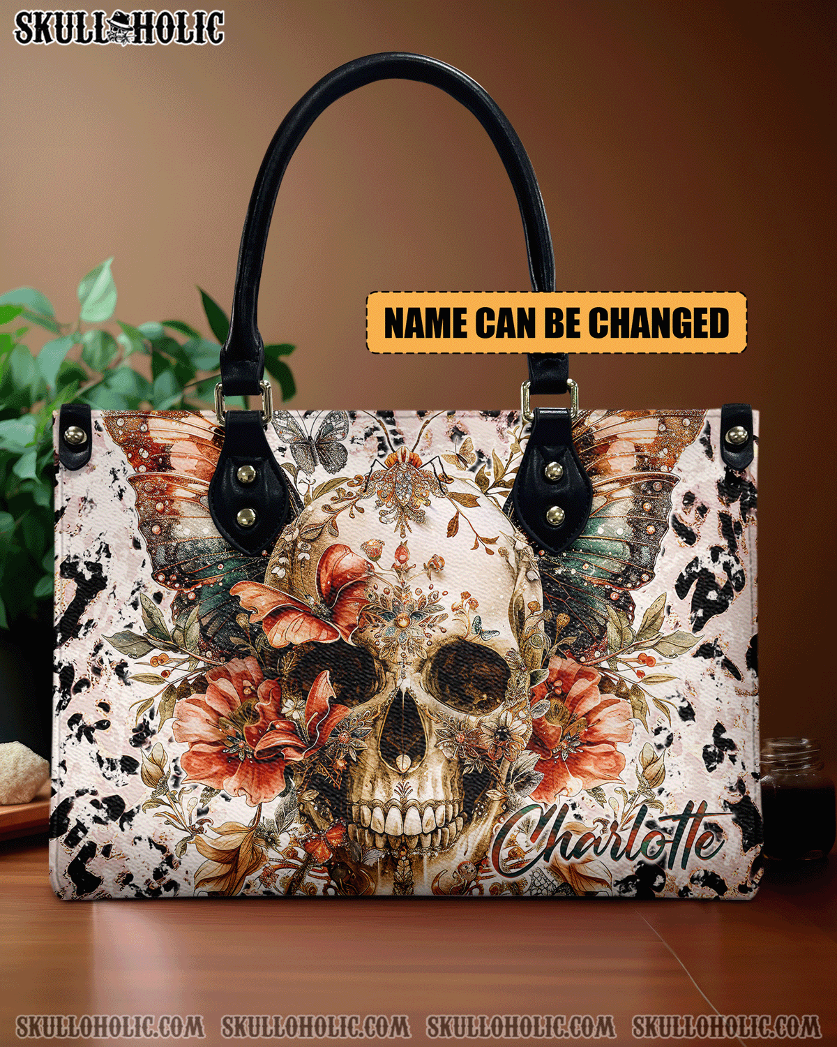 BLISSCORNERS SKULL BUTTERFLY WINGS LEOPARD LEATHER HANDBAG