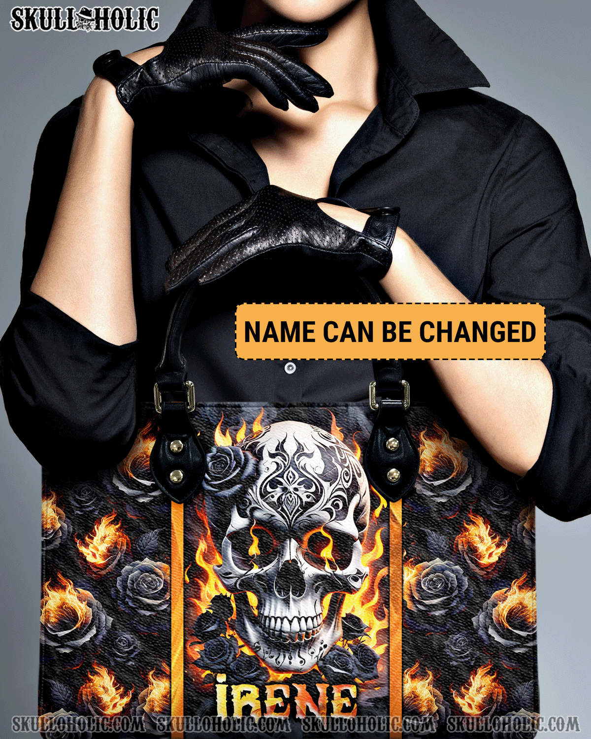 BLISSCORNERS SKULL FIRE BLACK ROSE LEATHER HANDBAG