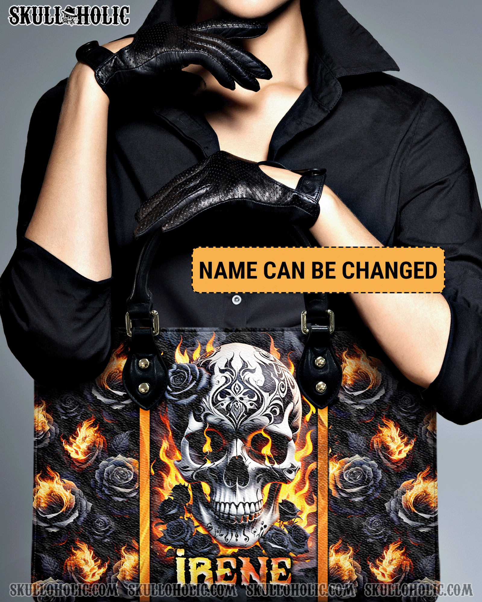 BLISSCORNERS SKULL FIRE BLACK ROSE LEATHER HANDBAG