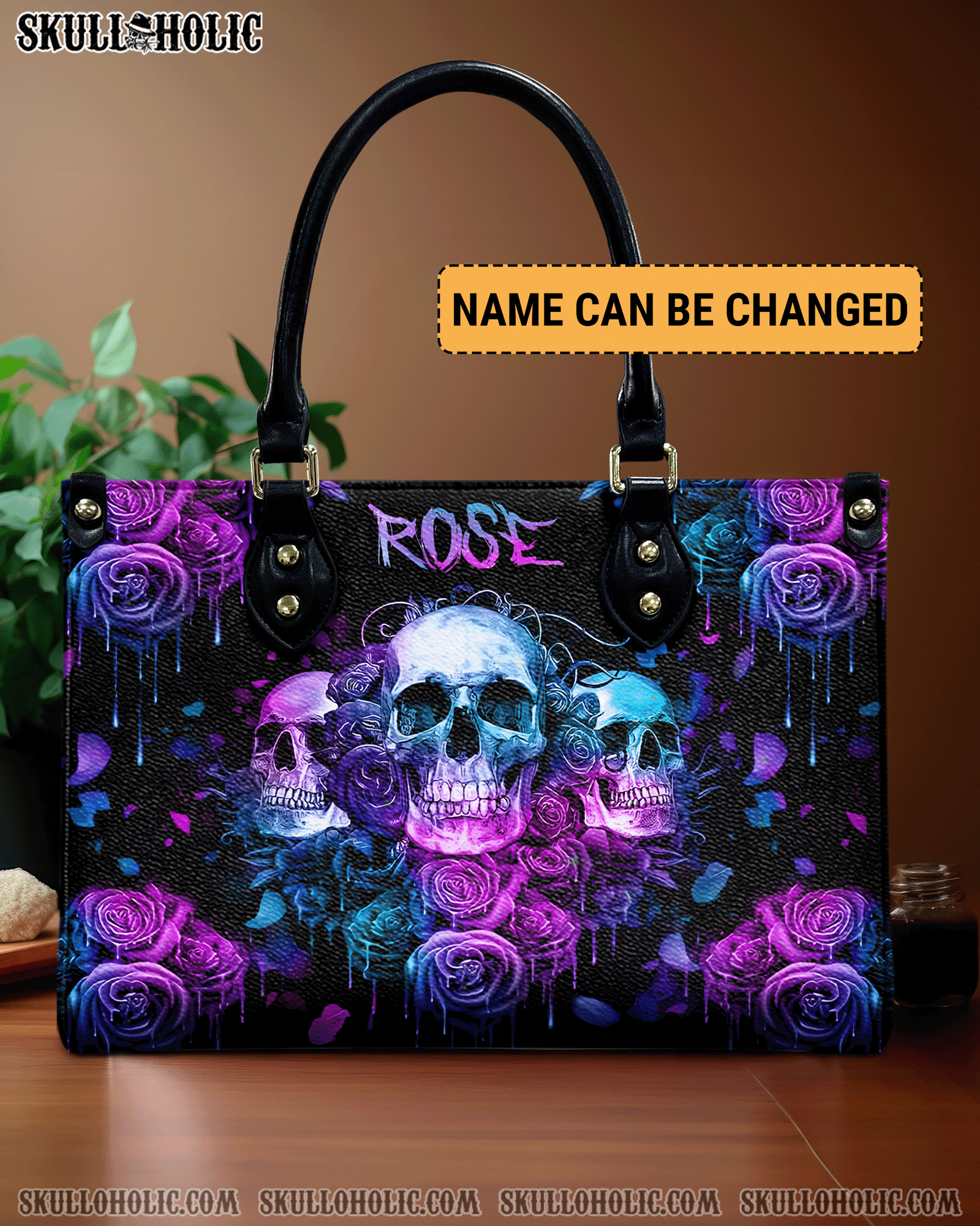 BLISSCORNERS THREE SKULLS ROSE LEATHER HANDBAG