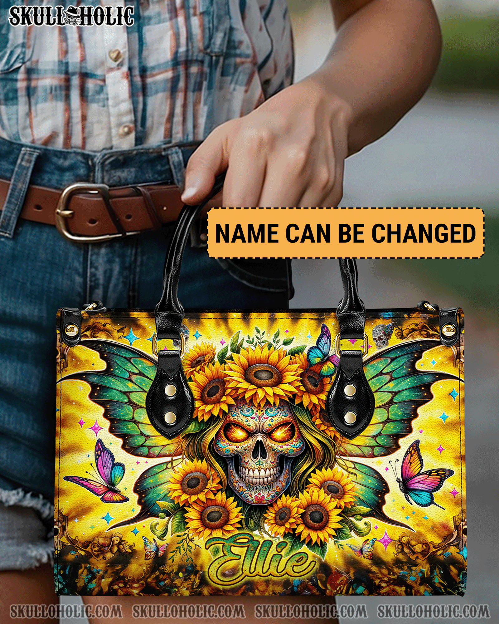 BLISSCORNERS SKULL SUNFLOWER WINGS LEATHER HANDBAG