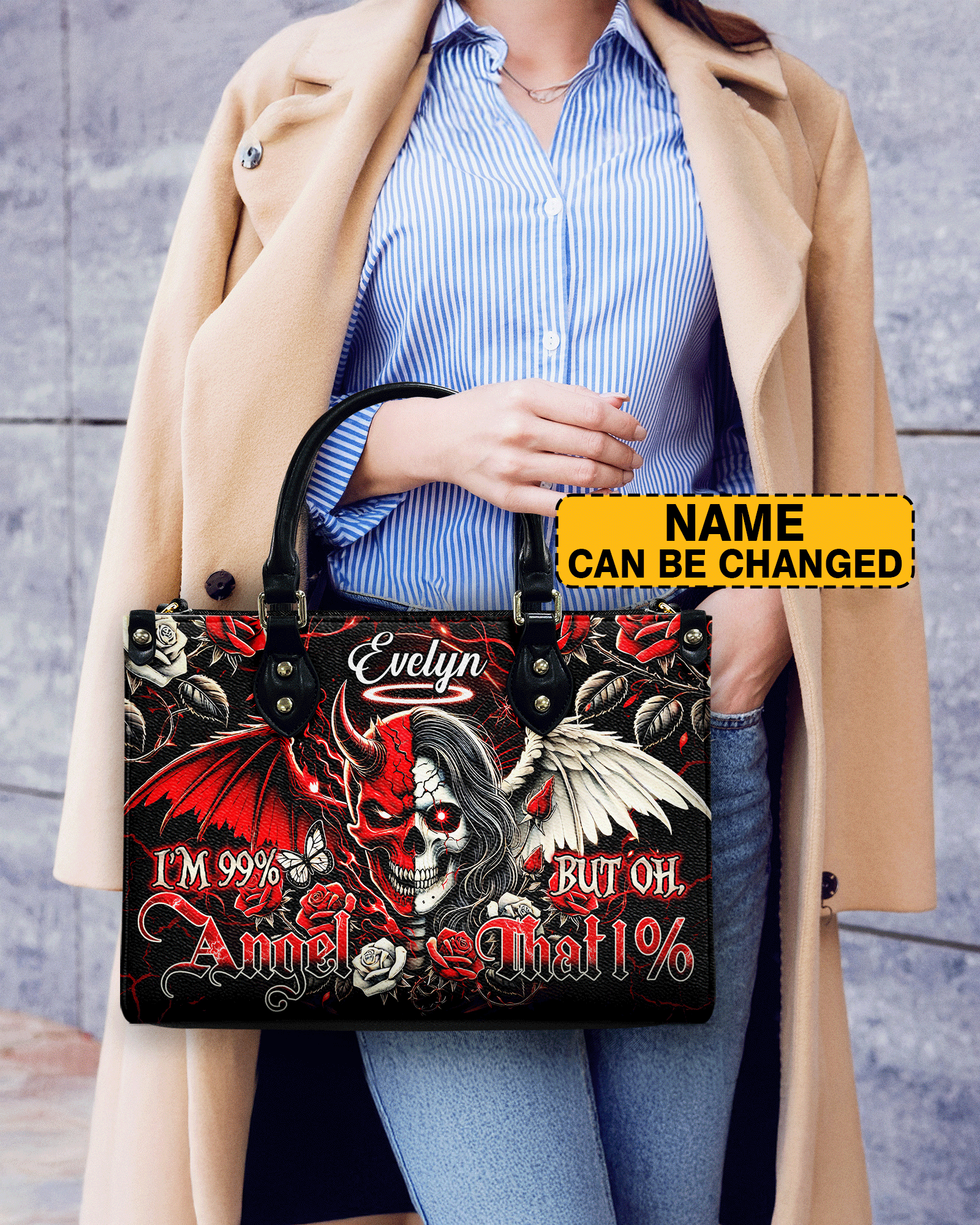 BLISSCORNERS I'M 99 PERCENT ANGEL LEATHER HANDBAG