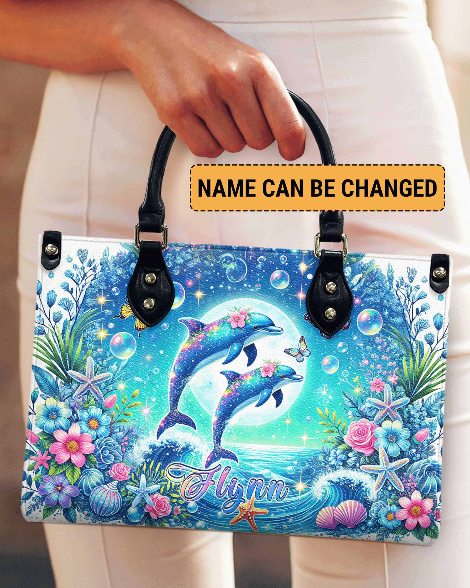 BLISSCORNERS DOLPHIN MOON FLORAL LEATHER HANDBAG