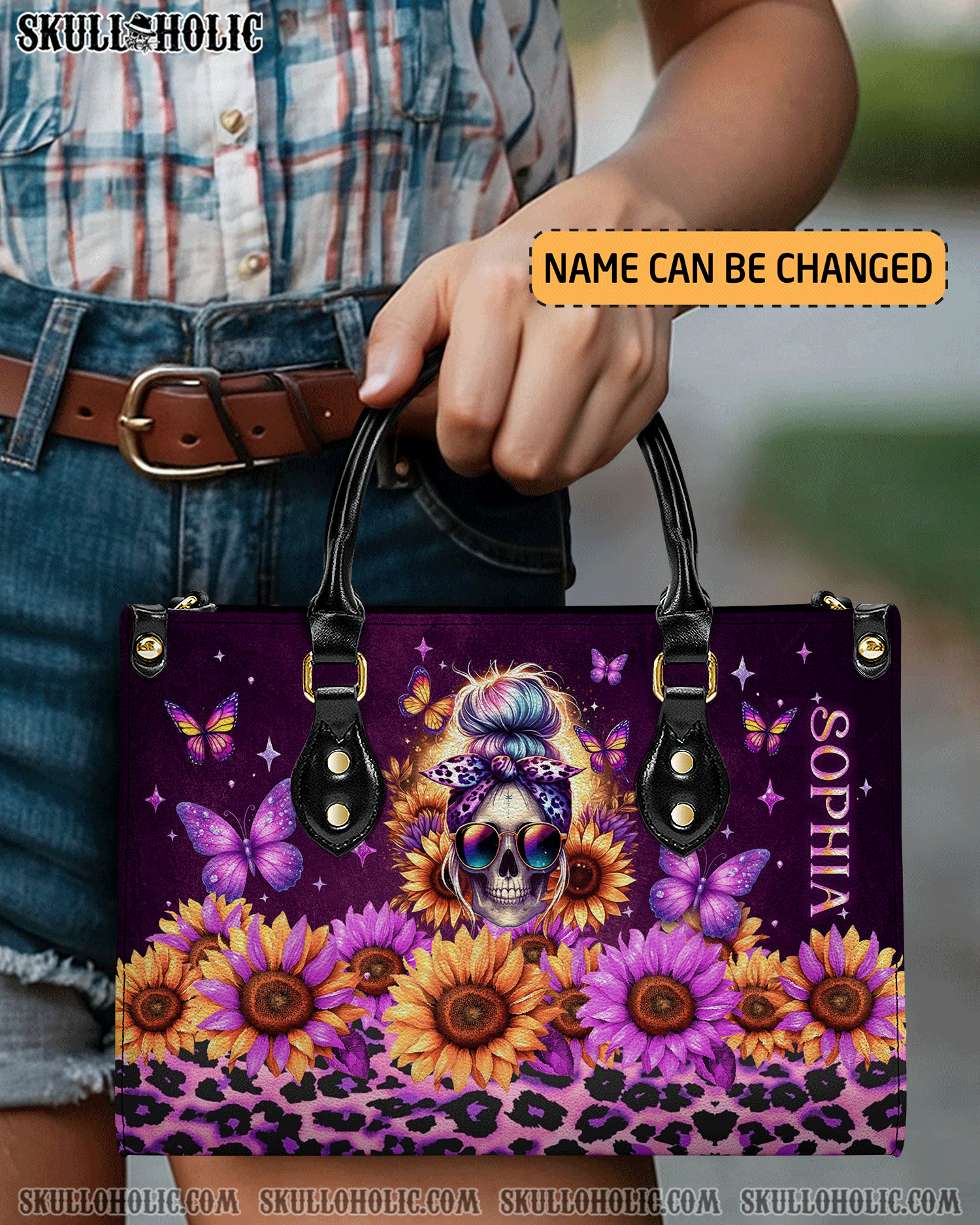 BLISSCORNERS SUNFLOWER LEOPARD MESSY BUN SKULL LEATHER HANDBAG