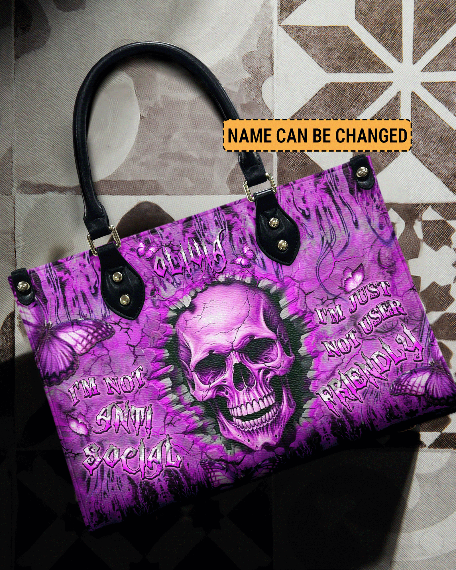 BLISSCORNERS I'M NOT ANTI-SOCIAL MAD REAPER SKULL LEATHER HANDBAG