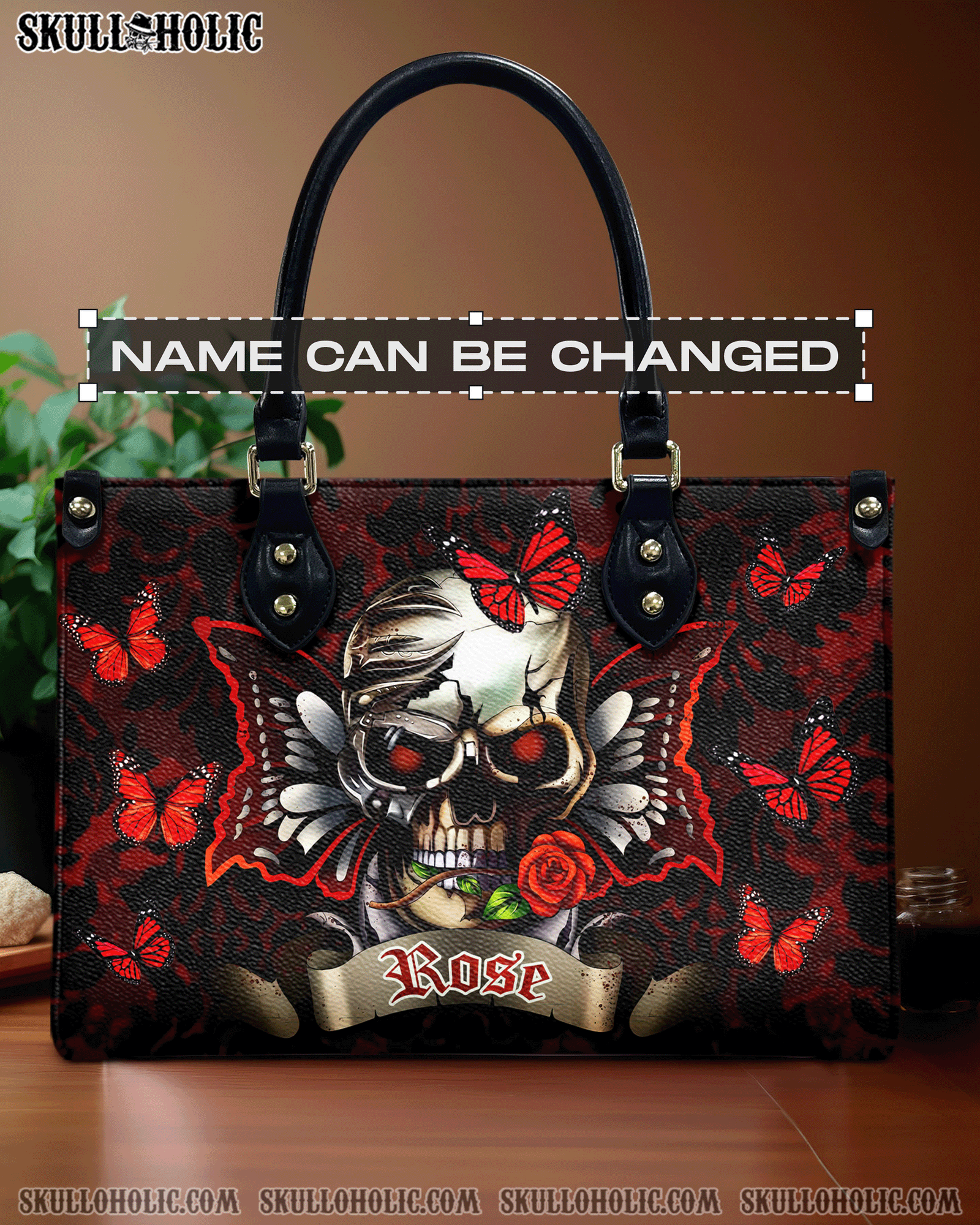 BLISSCORNERS PERSONALIZED SKULL ROSE BUTTERFLY LEATHER HANDBAG