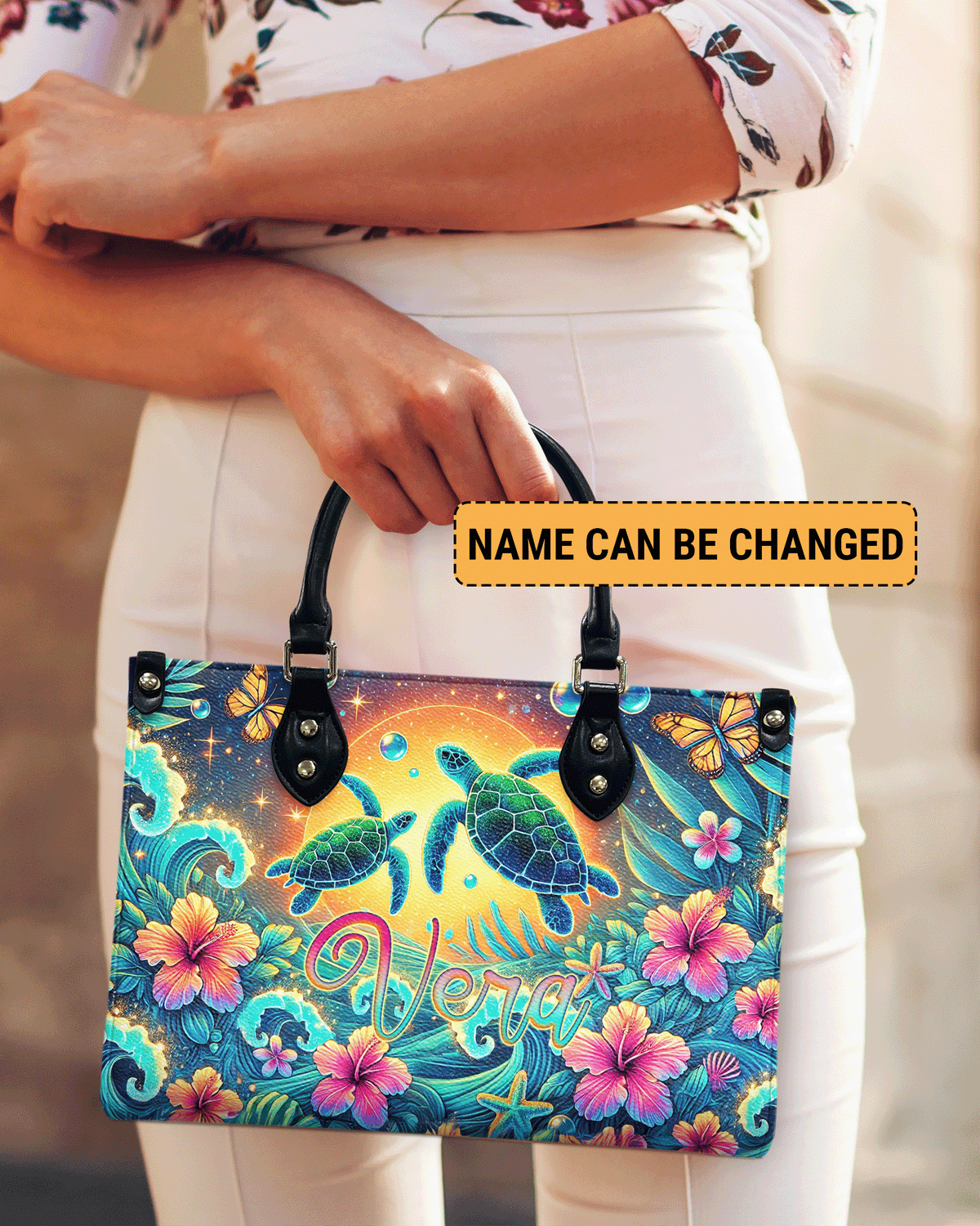 BLISSCORNERS SEA TURTLE FLOWER LEATHER HANDBAG
