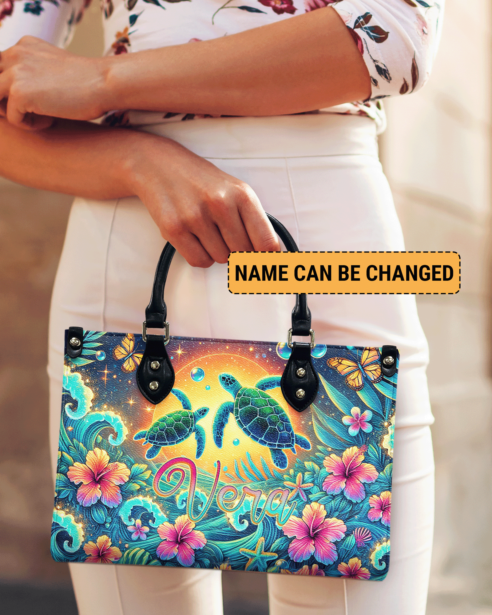 BLISSCORNERS SEA TURTLE FLOWER LEATHER HANDBAG