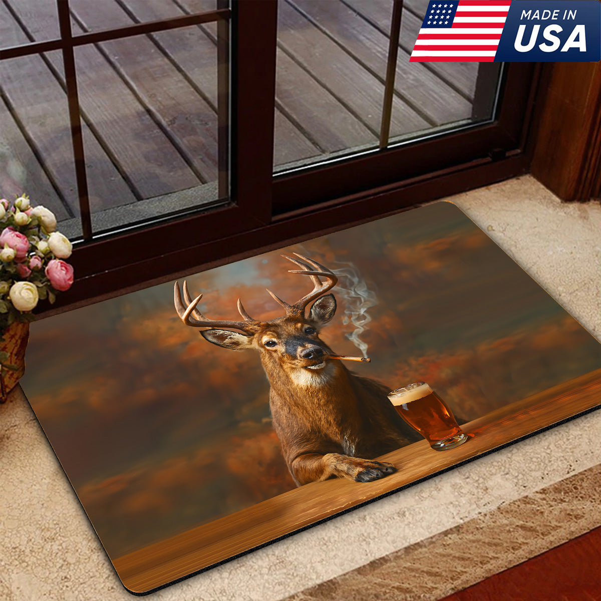 Blisscorners Deer Smoking & Bar Glassware Doormat – Funny Hunting Cabin Rug, Man Cave & Outdoor Decor Gift LM1611