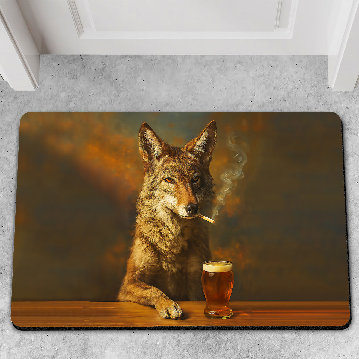 Blisscorners Wolf Smoking & Bar Glassware Doormat – Funny Animal Floor Mat for Hunters, Bars & Man Cave Decor LM1611