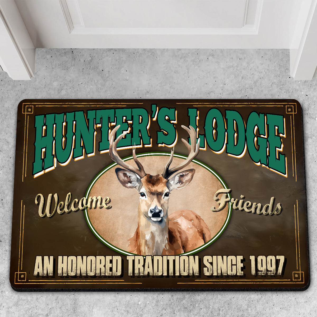 Blisscorners Personalized Hunter’s Lodge Deer Doormat – Custom Year, Rustic Cabin Welcome Mat for Hunters & Outdoor Decor LM1611
