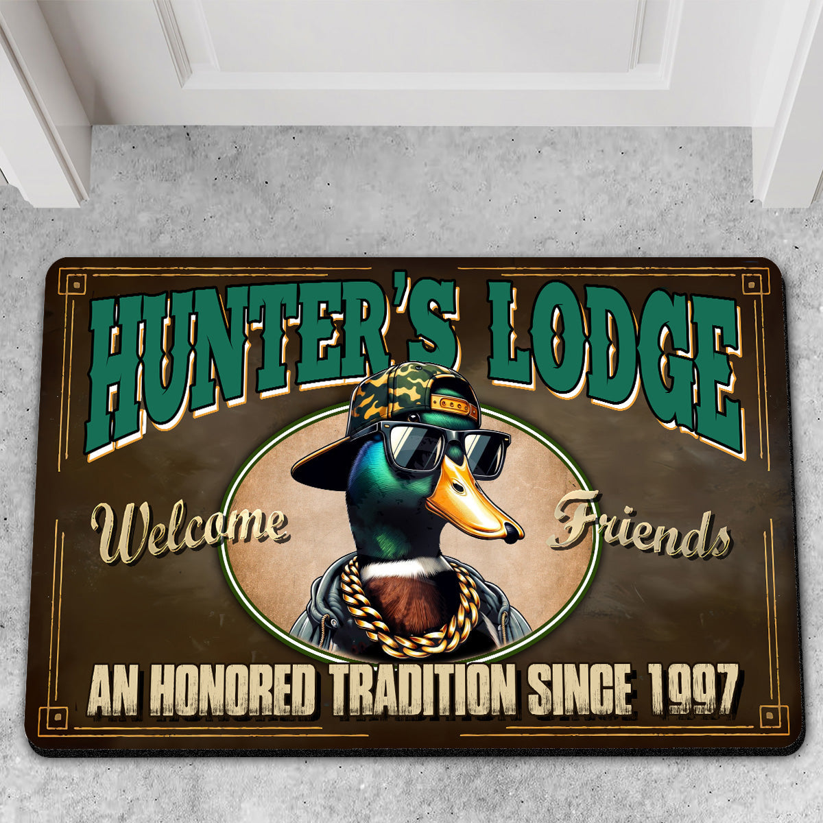 Blisscorners Personalized Hunter’s Lodge Duck Doormat – Funny Hunting Welcome Mat with Custom Year, Rustic Cabin & Lodge Decor LM1611