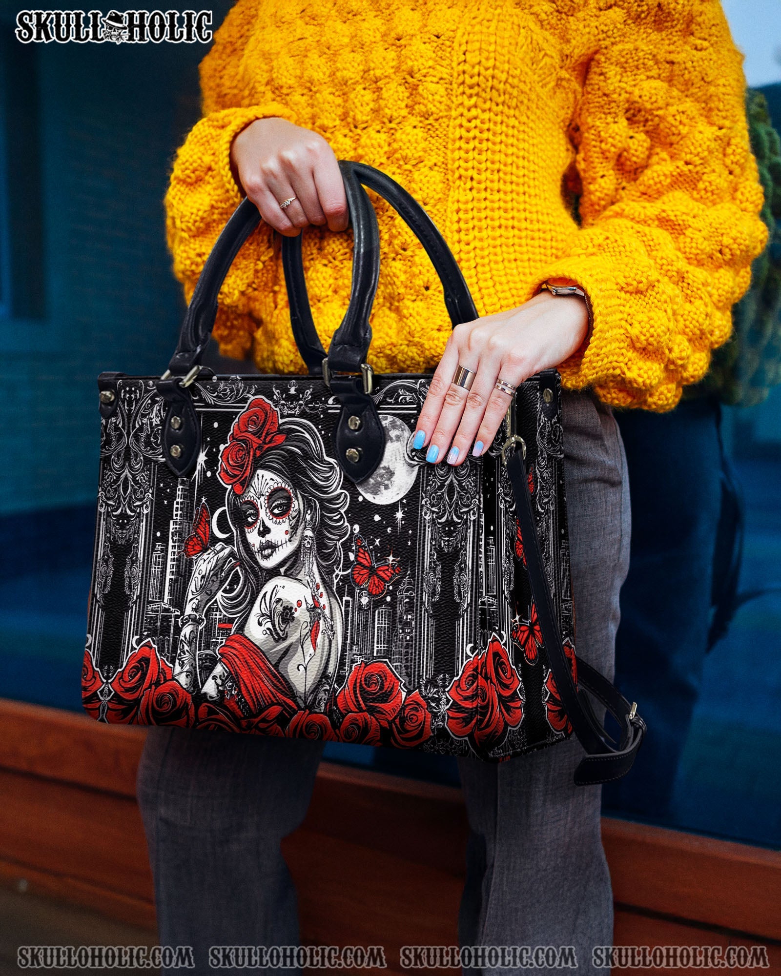 BLISSCORNERS SKULL LADY RED ROSE LEATHER HANDBAG