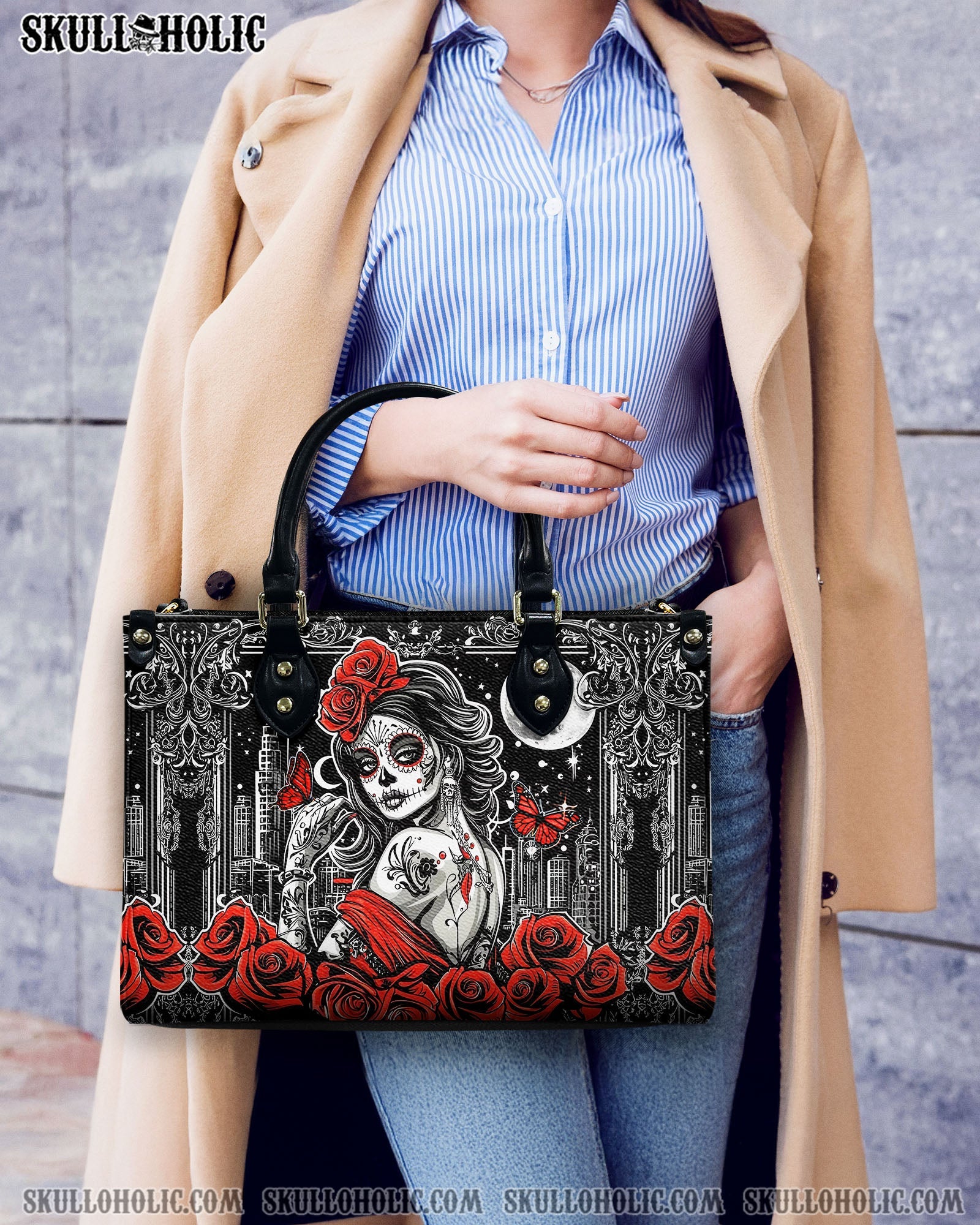 BLISSCORNERS SKULL LADY RED ROSE LEATHER HANDBAG