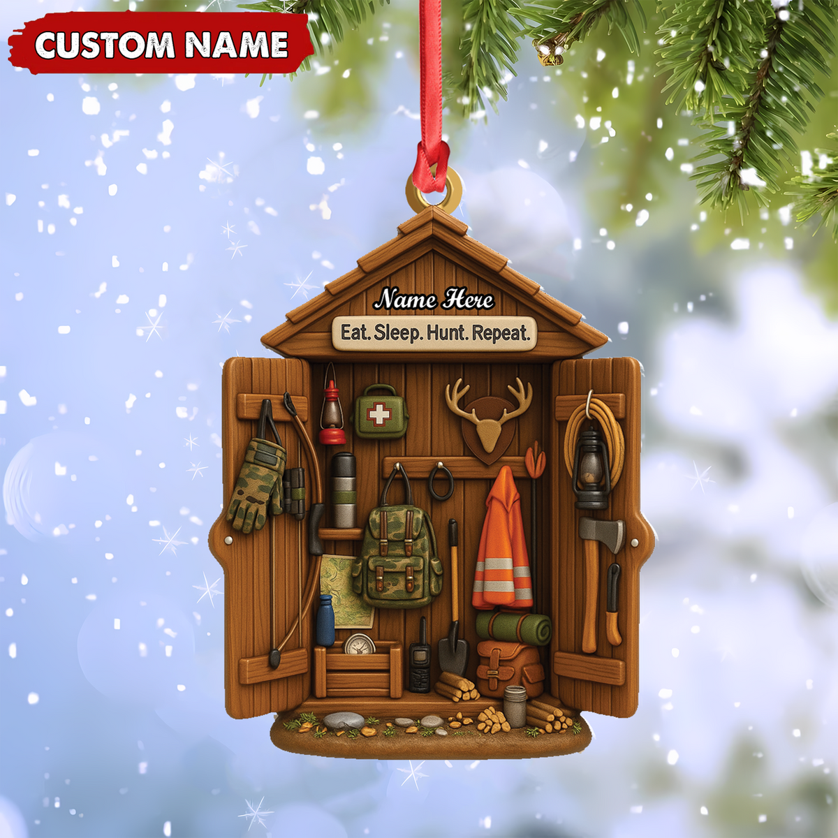 Blisscorners Personalized Hunter Gear Acrylic Ornament - Custom Name - Sleep Hunt Repeat Christmas Gift for Hunters LM0411