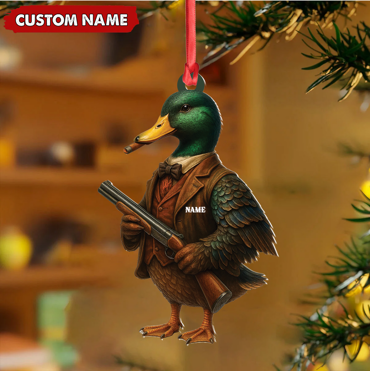Blisscorners Personalized Funny Duck Hunter Ornament, Dapper Mallard with Gun Christmas Decor, Unique Gag Gift for Hunters and Men LM0411