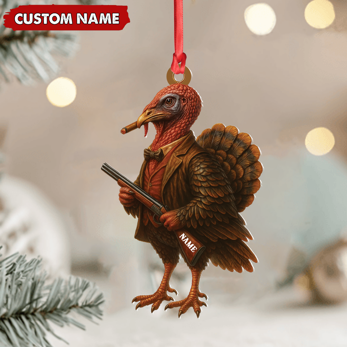 Blisscorners Personalized Funny Turkey Hunter Ornament, Dapper Gobbler with Gun Christmas Decor, Unique Gag Gift for Hunters and Men LM0411