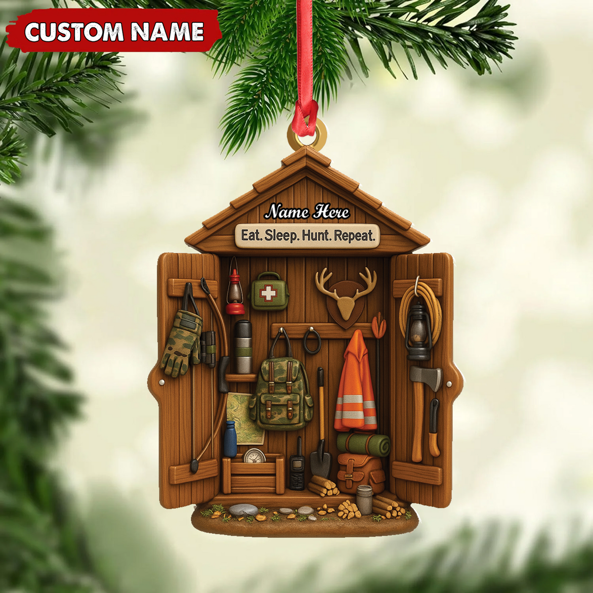 Blisscorners Personalized Hunter Gear Acrylic Ornament - Custom Name - Sleep Hunt Repeat Christmas Gift for Hunters LM0411