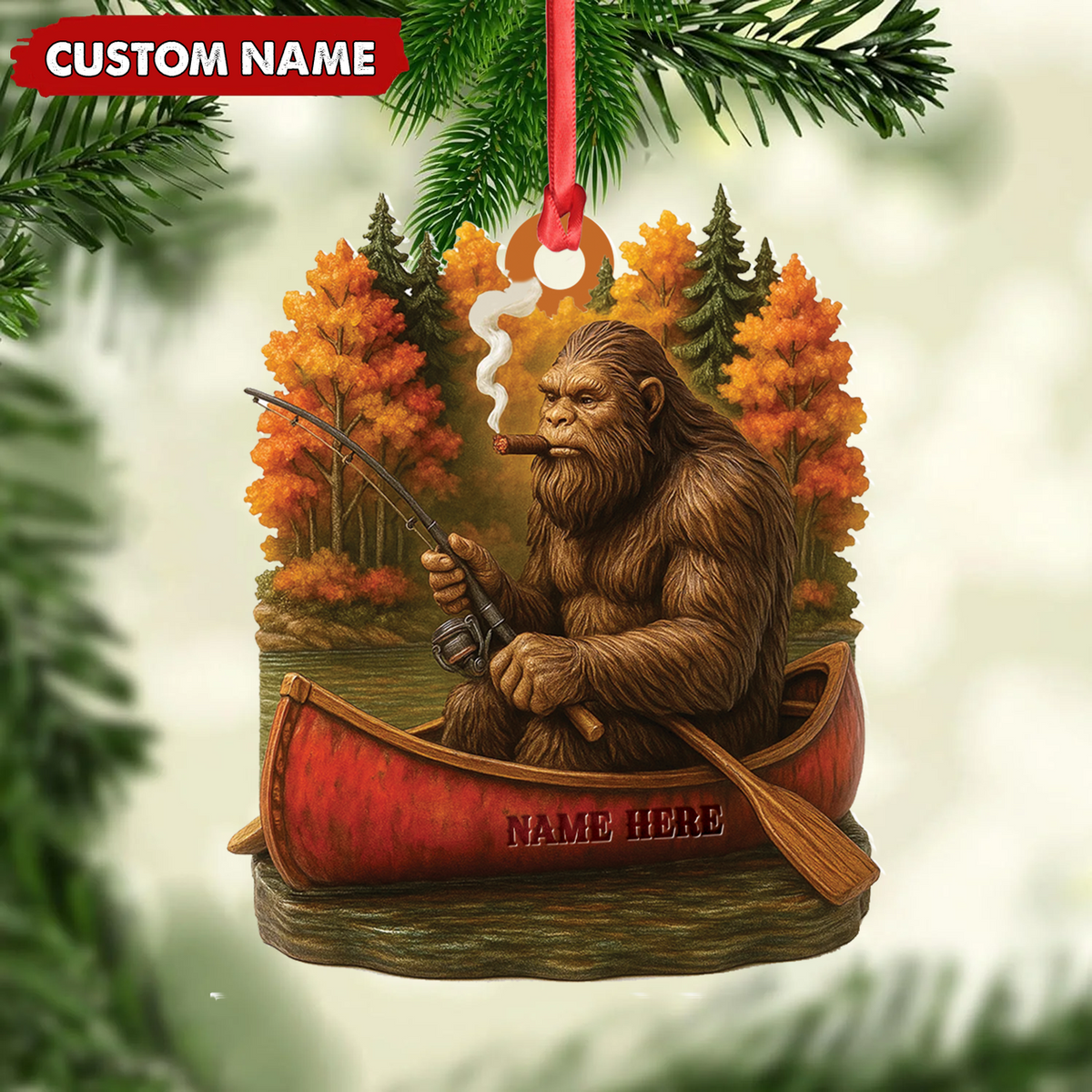 Blisscorners Personalized Bigfoot Fishing Ornament, Funny Sasquatch in Canoe Christmas Decor, Unique Gift for Fishermen and Outdoor Lovers LM0411