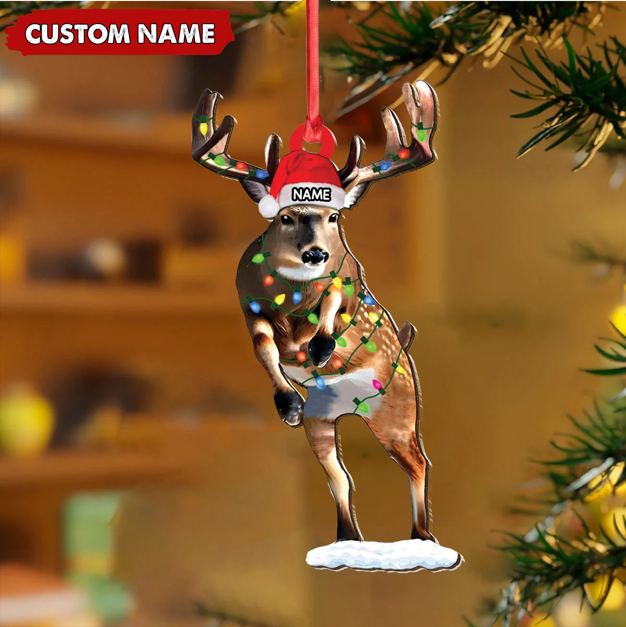 Blisscorners Personalized Deer Acrylic Christmas Ornament - Custom Name Buck with Lights Holiday Gift LM0411