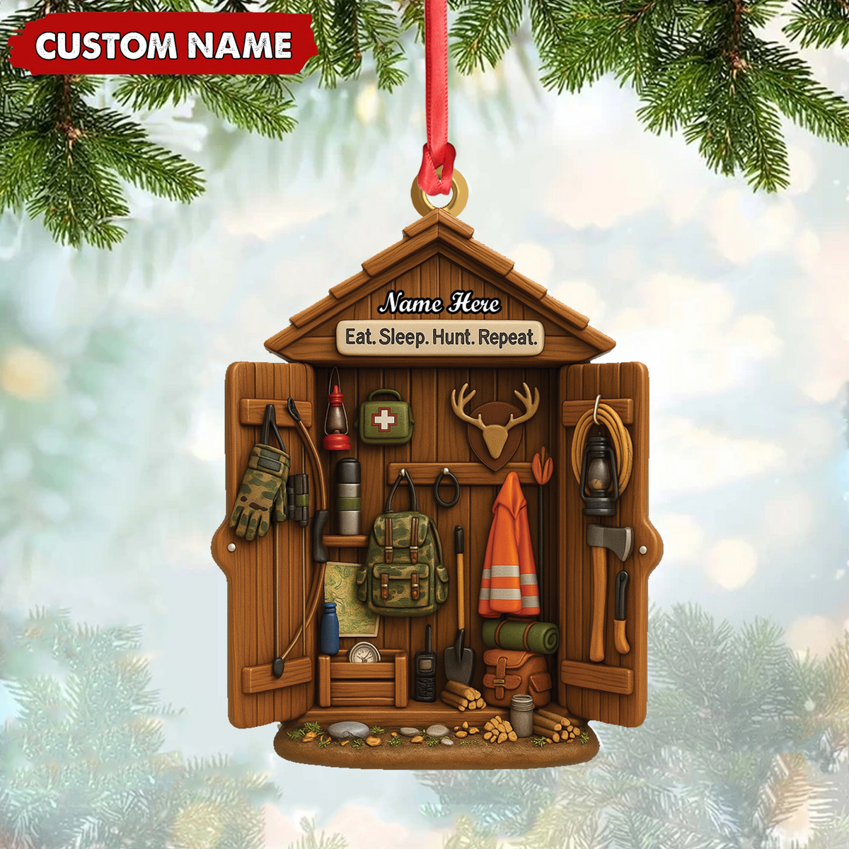 Blisscorners Personalized Hunter Gear Acrylic Ornament - Custom Name - Sleep Hunt Repeat Christmas Gift for Hunters LM0411