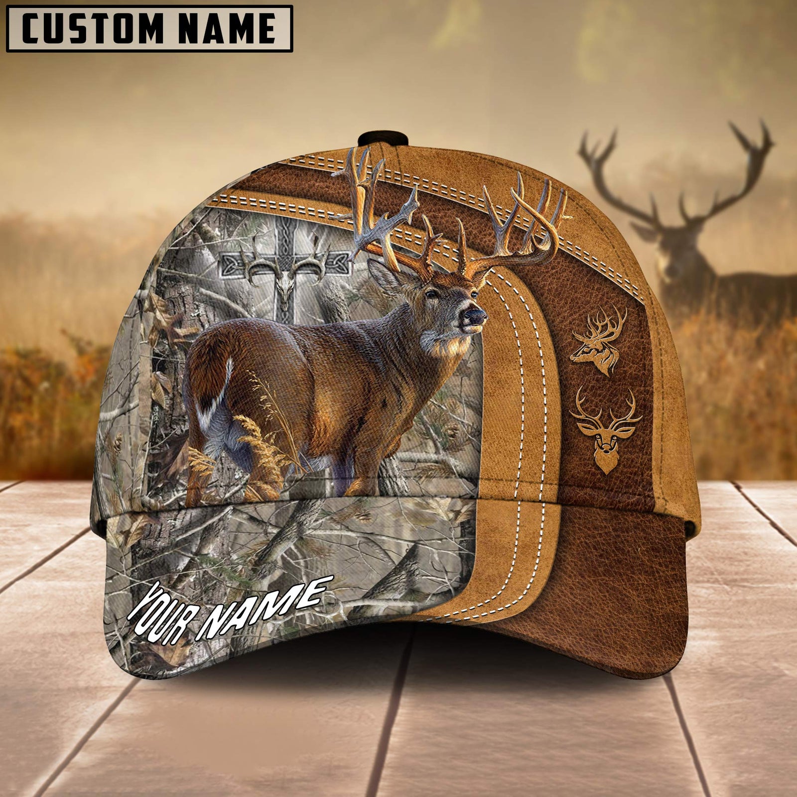 Blisscorners  Cross America Hunting Deer Leather Pattern Personalized Hats 3D Multicolored
