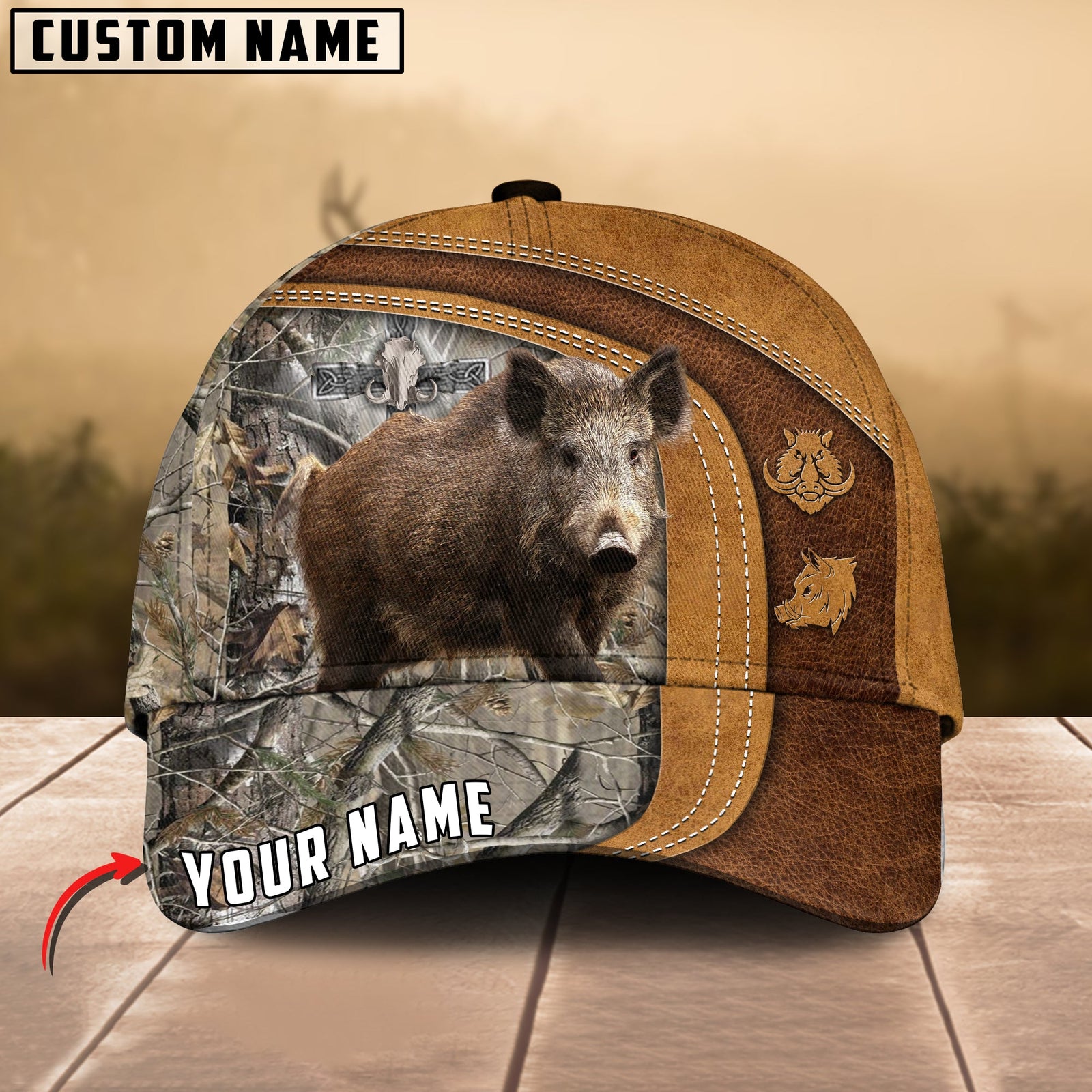 Blisscorners Cross America Hunting Boar Leather Pattern Personalized Hats 3D Multicolored
