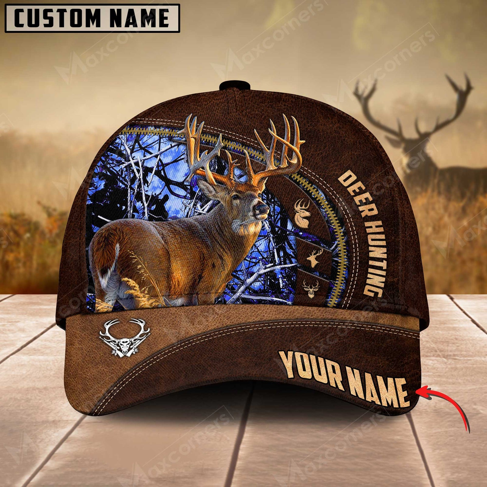 Blisscorners Deer Hunting Art Brown Leather Pattern Personalized Cap 3D Multicolored