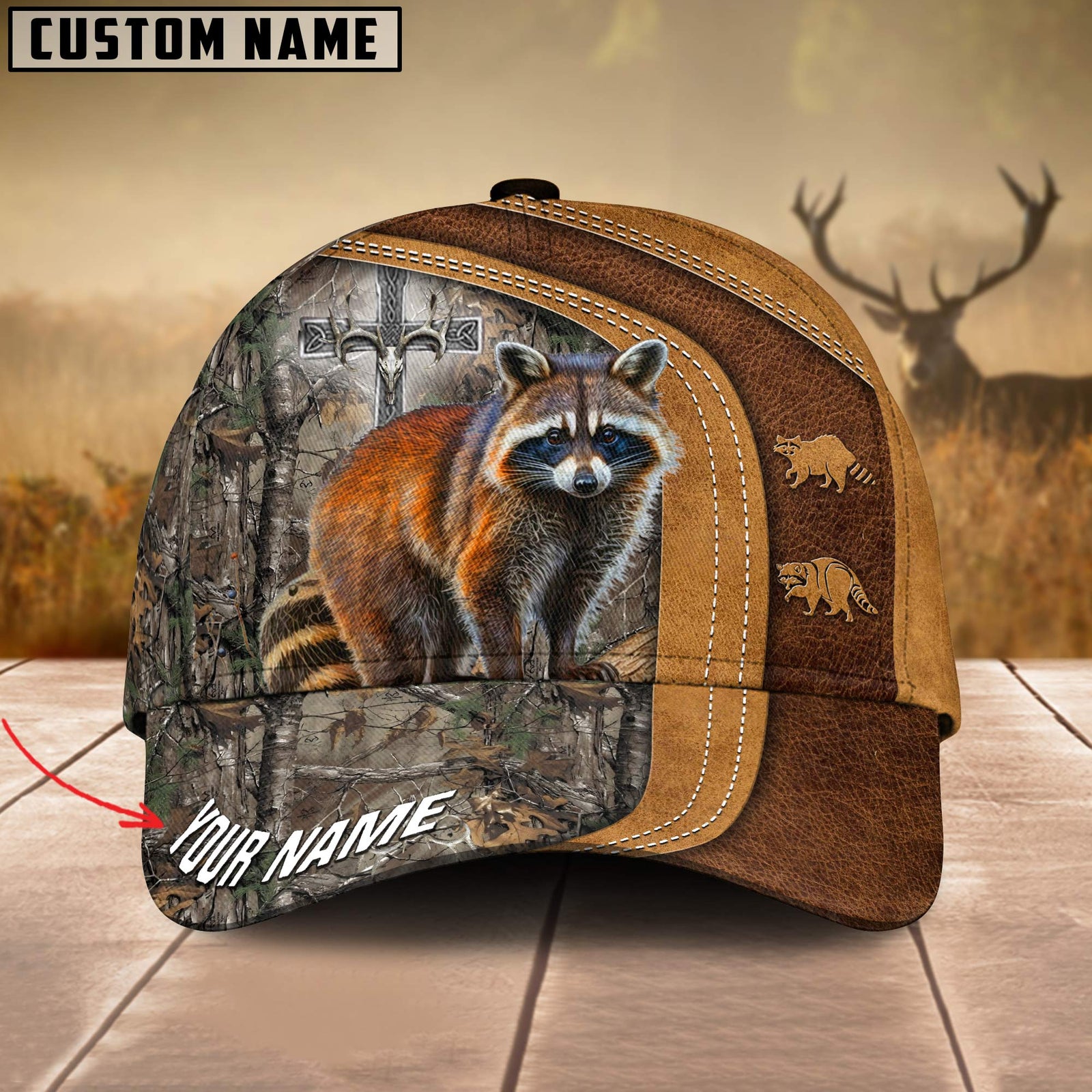 Blisscorners Cross America Hunting Racoon Leather Pattern Personalized Hats 3D Multicolored
