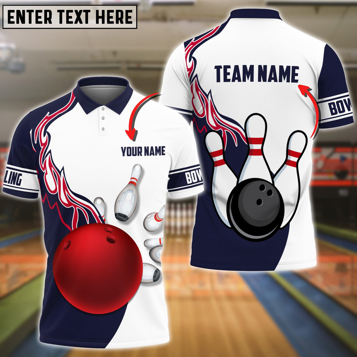 Blisscorners Red Big Bowling Ball Flame Pattern Customized Name 3D Shirt