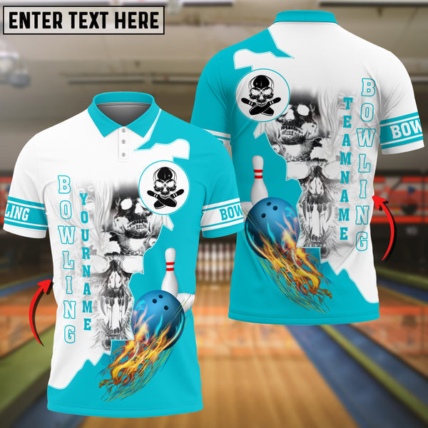 Blisscorners Blue Bowling Ball Flame Skull Pattern Premium Multicolor Option Customized Name 3D Shirt