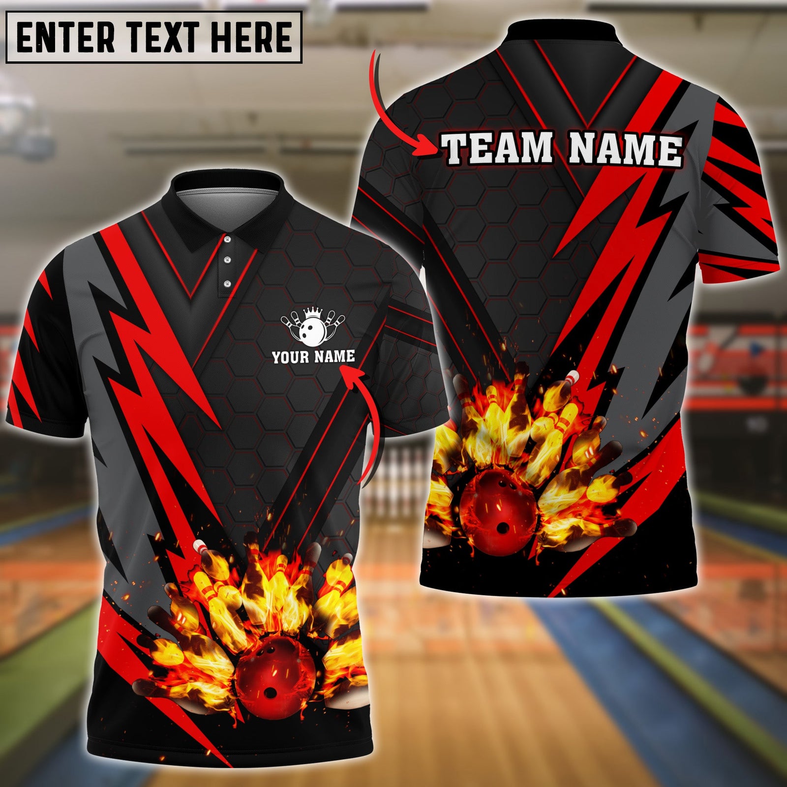 Blisscorners Bowling Ball  And Pins Flame Red Thunder Pattern Premium Customized Name 3D Shirt