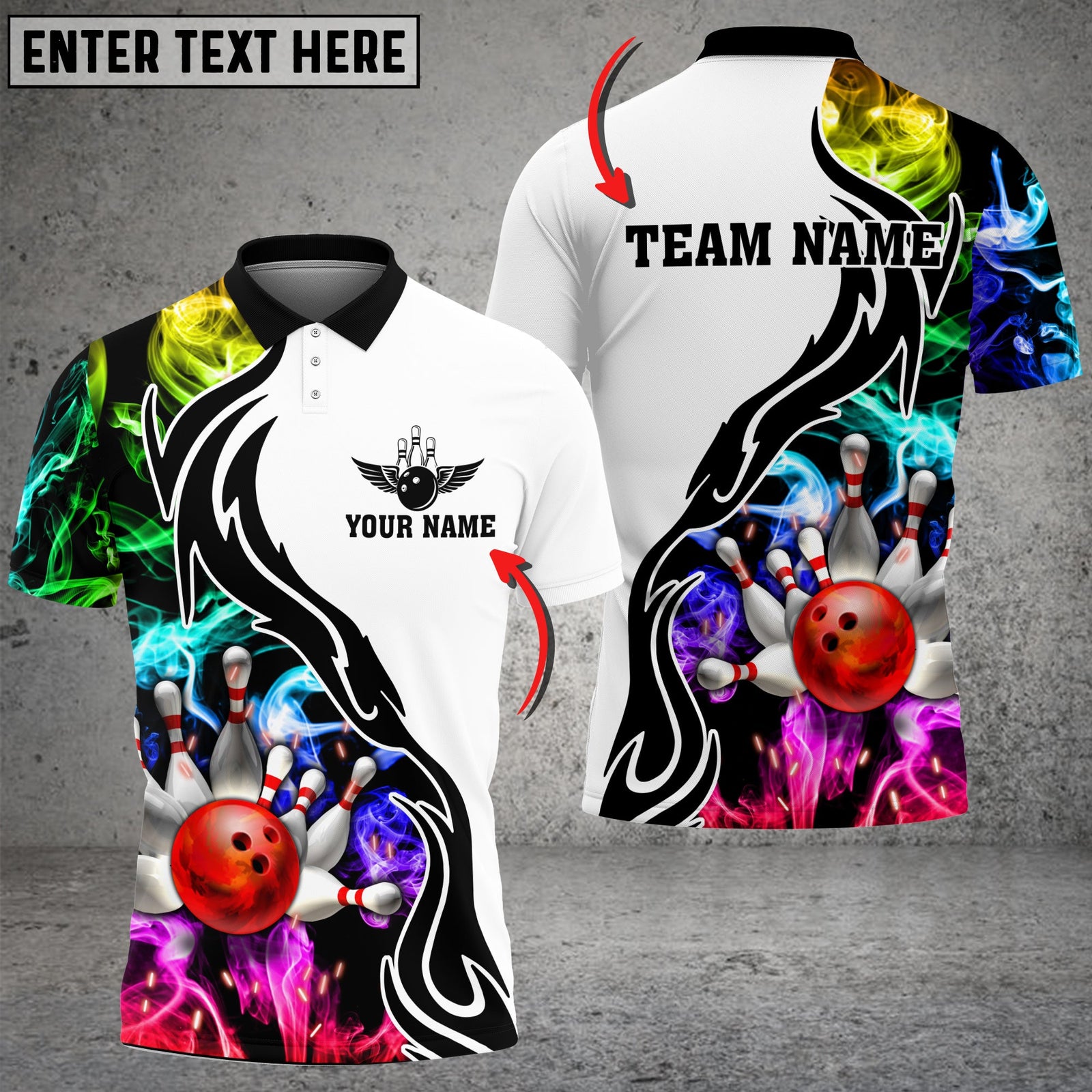 Blisscorners Bowling And Pins Multicolor Smoke Pattern Customized Name 3D Polo Shirt