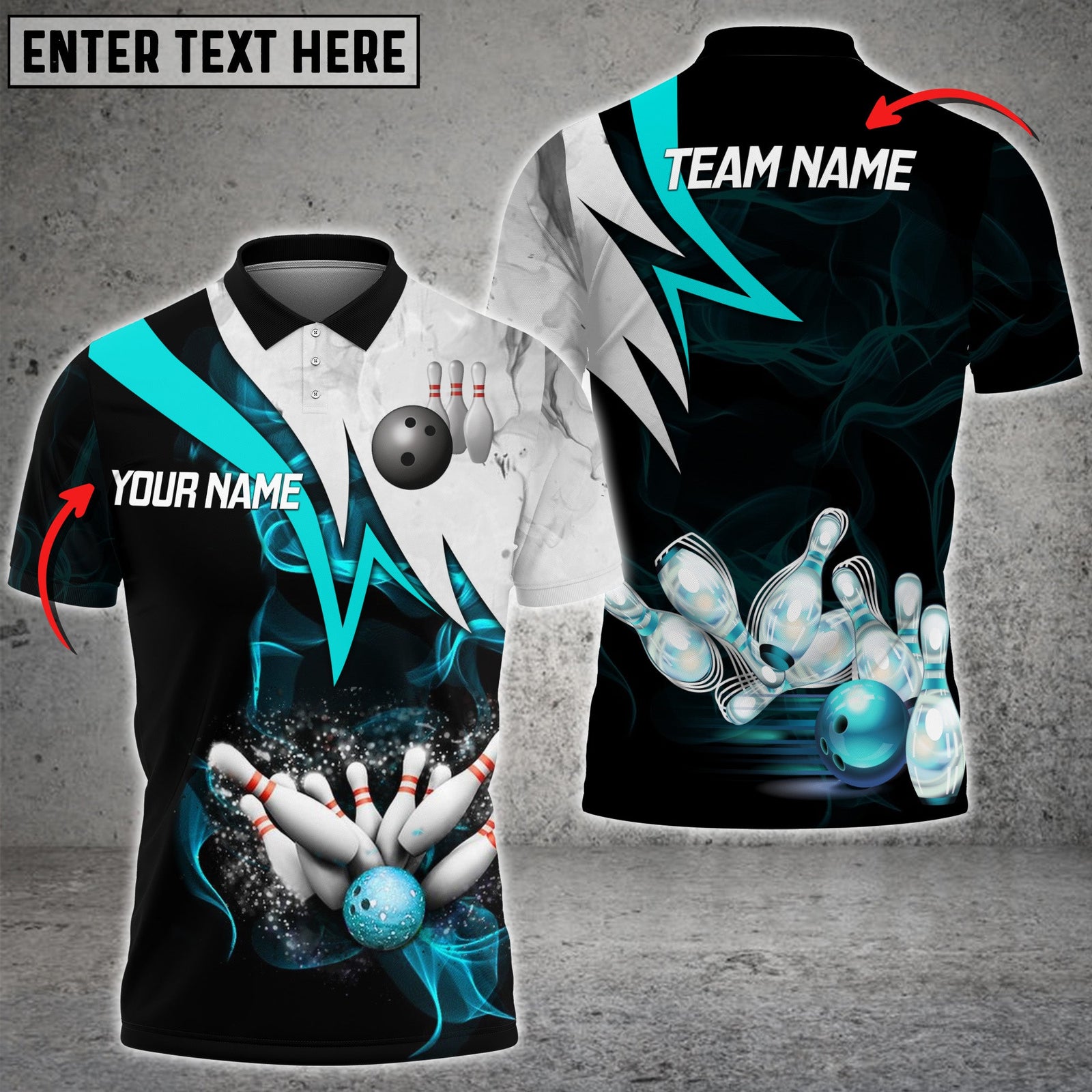 Blisscorners Cyan Smoke Pattern Bowling And Pins Premium Customized Name 3D Shirt