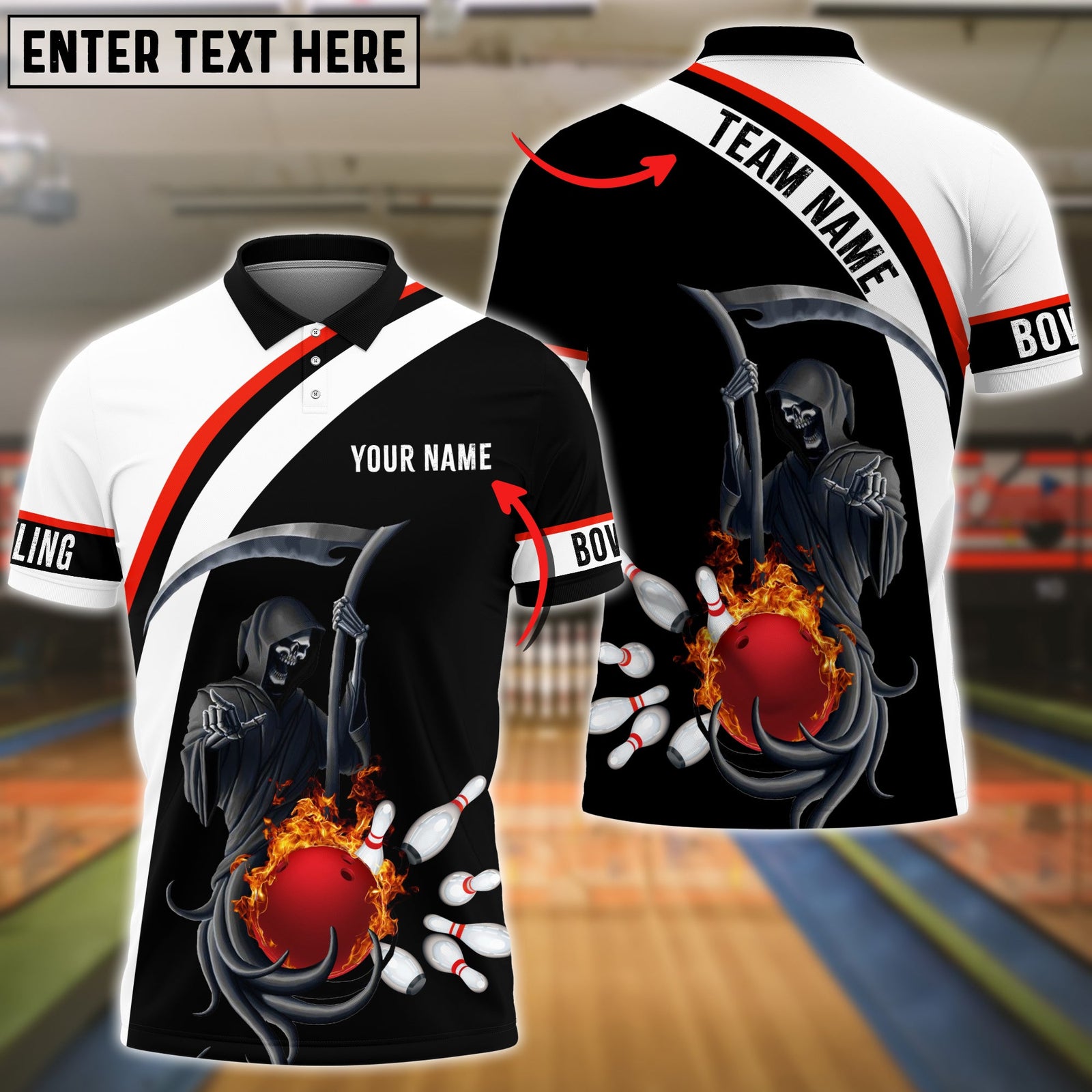 Blisscorners Red Bowling Ball Black And White Skull Pattern Premium Customized Name 3D Shirt