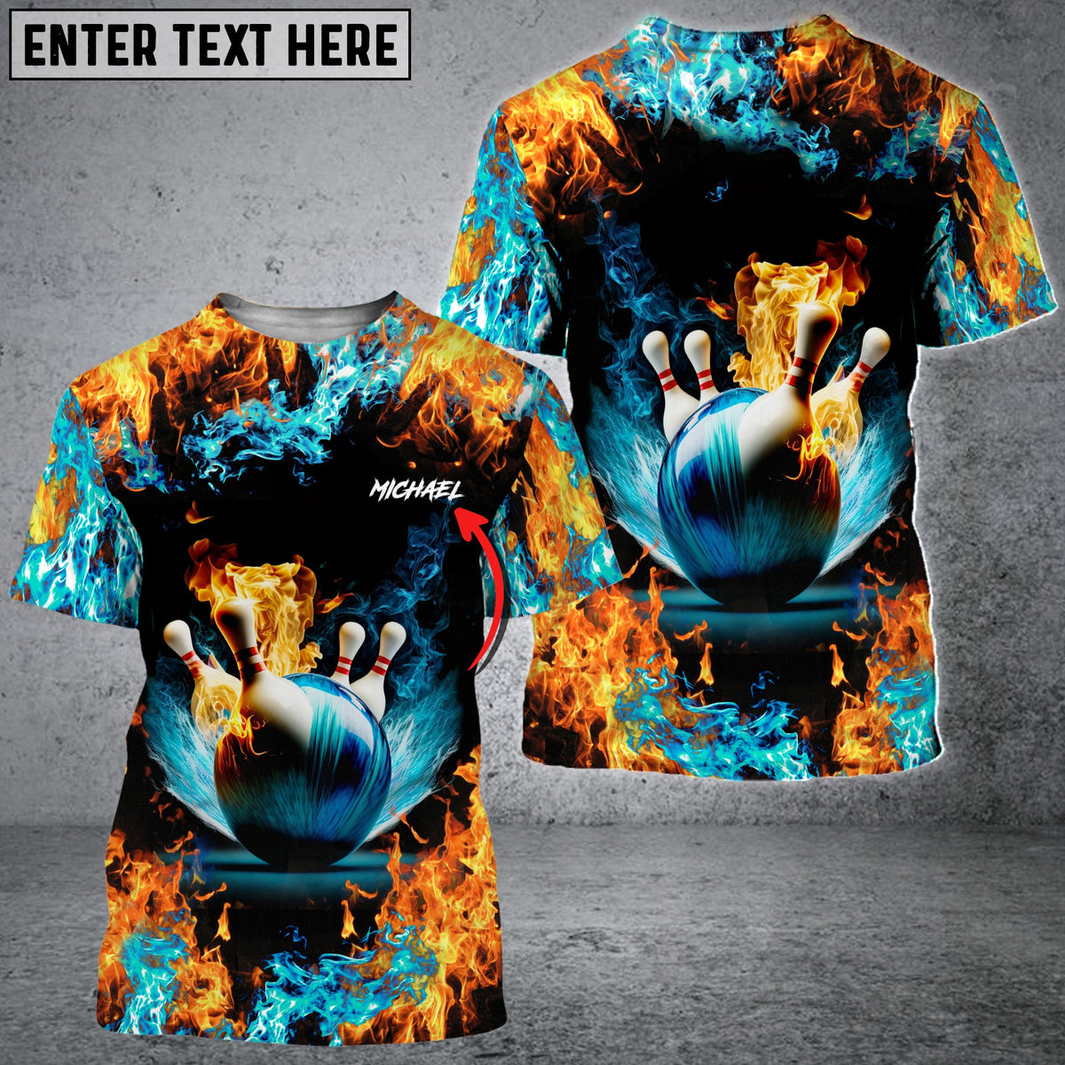 Blisscorners Blue Bowling Ball And Pins On Fire Customized Name All Over Printed Shirt