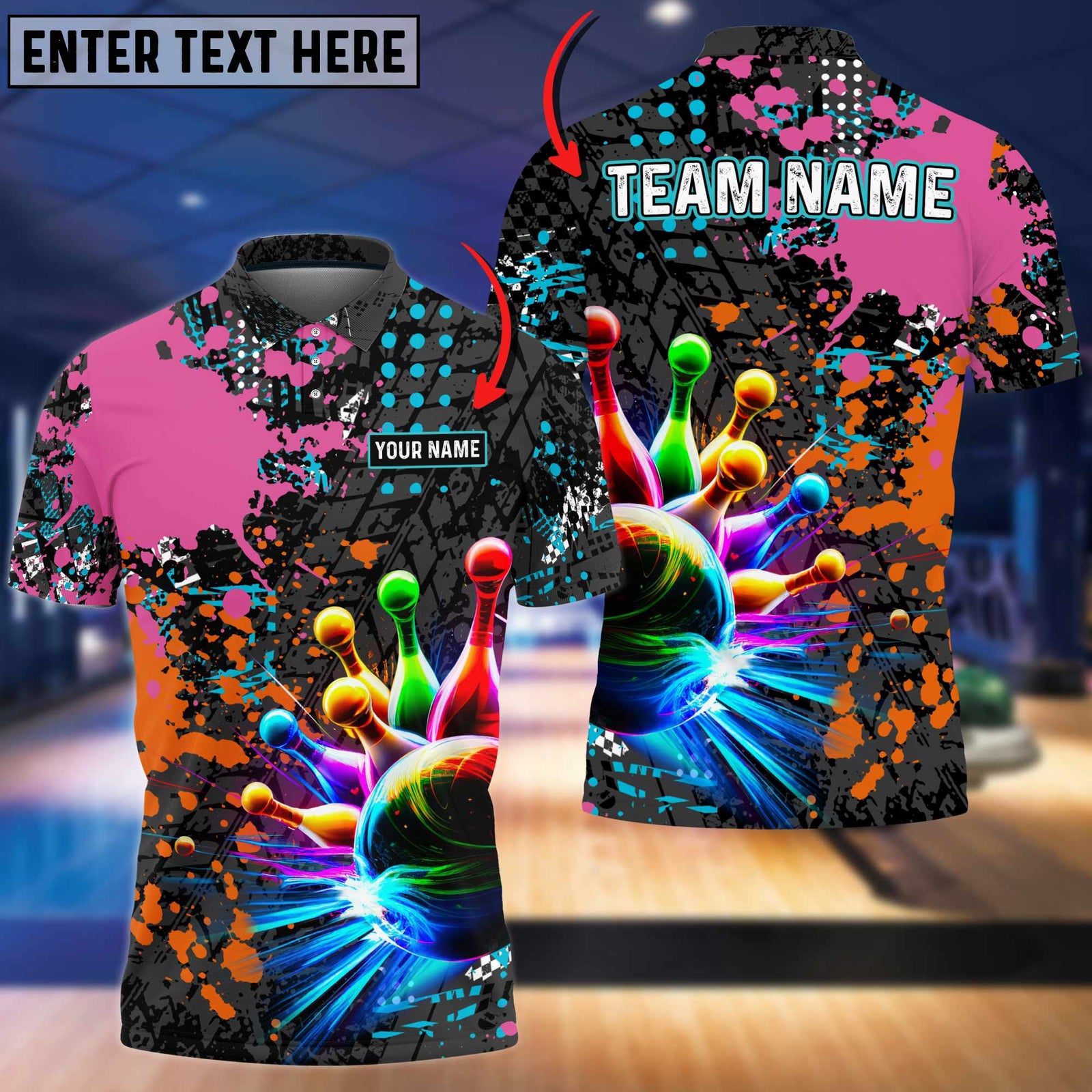 Blisscorners Multicolor Bowling And Pins Water Color Pattern Premium Customized Name 3D Shirt