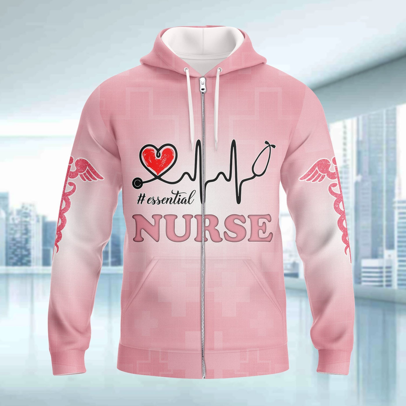 Blisscorners Nurse Essential Heartbeat Pink 3D Sweatshirt Hoodie Bomber, Idea Gift for Nurse Christmas