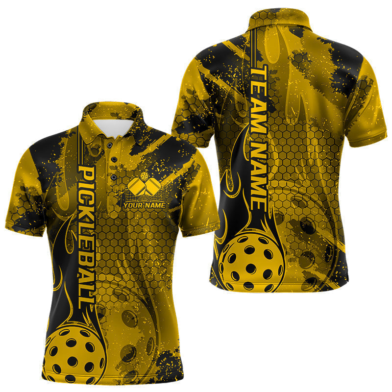 Blisscorners Black And Yellow Flame Custom Pickleball Polo Shirts For Men, Team Pickleball Jerseys LM2206
