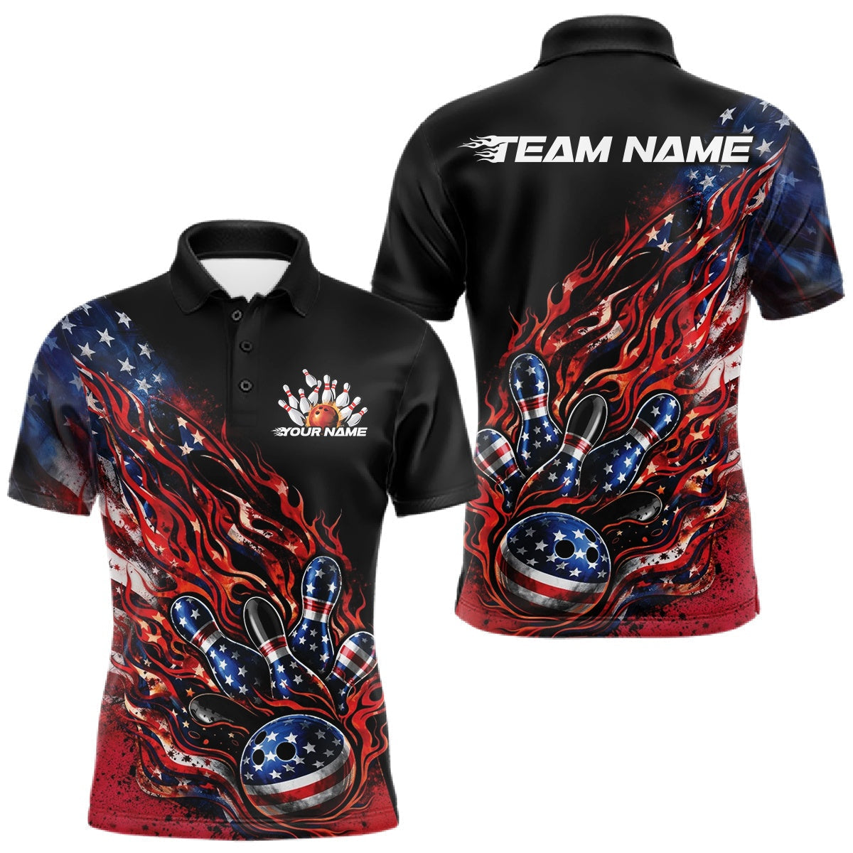 Blisscorners Custom Patriotic Flame Bowling Shirts, American US Flag Bowling Team Jerseys Freedom 4Th Of July Bowling Shirt 3 LM1501