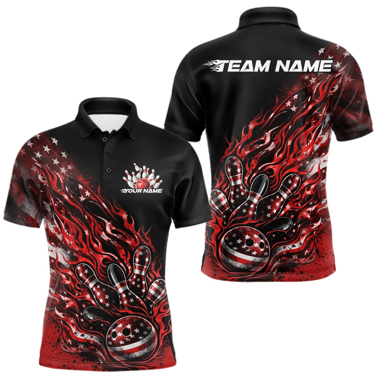 Blisscorners Custom Patriotic Red Flame Bowling Shirts, US Flag Bowling Team Jerseys Freedom 4Th Of July Bowling Shirt 2 LM1501