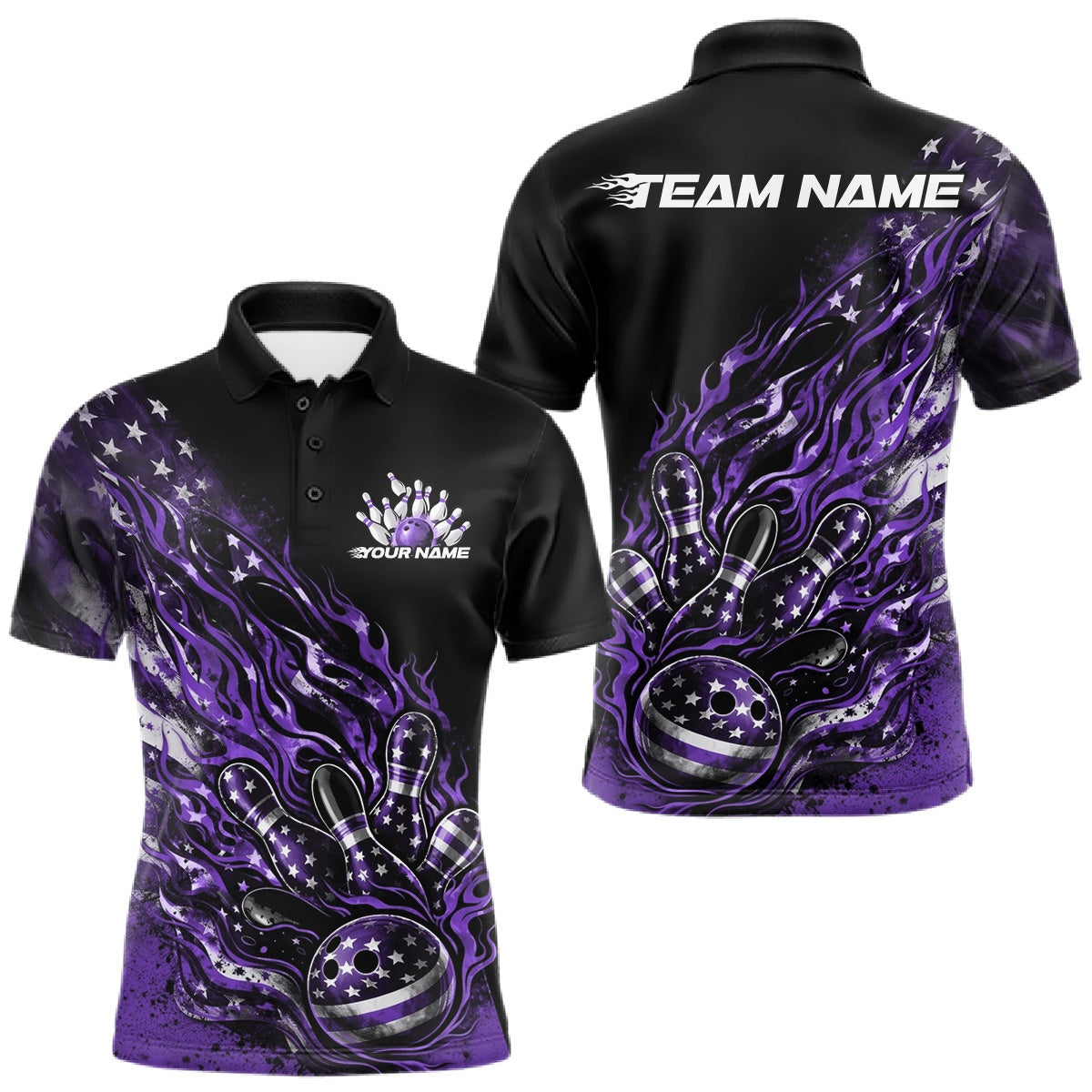 Blisscorners Custom Patriotic Purple Flame Bowling Shirts, US Flag Bowling Team Jerseys Freedom 4Th Of July Bowling Shirt 1 LM1501