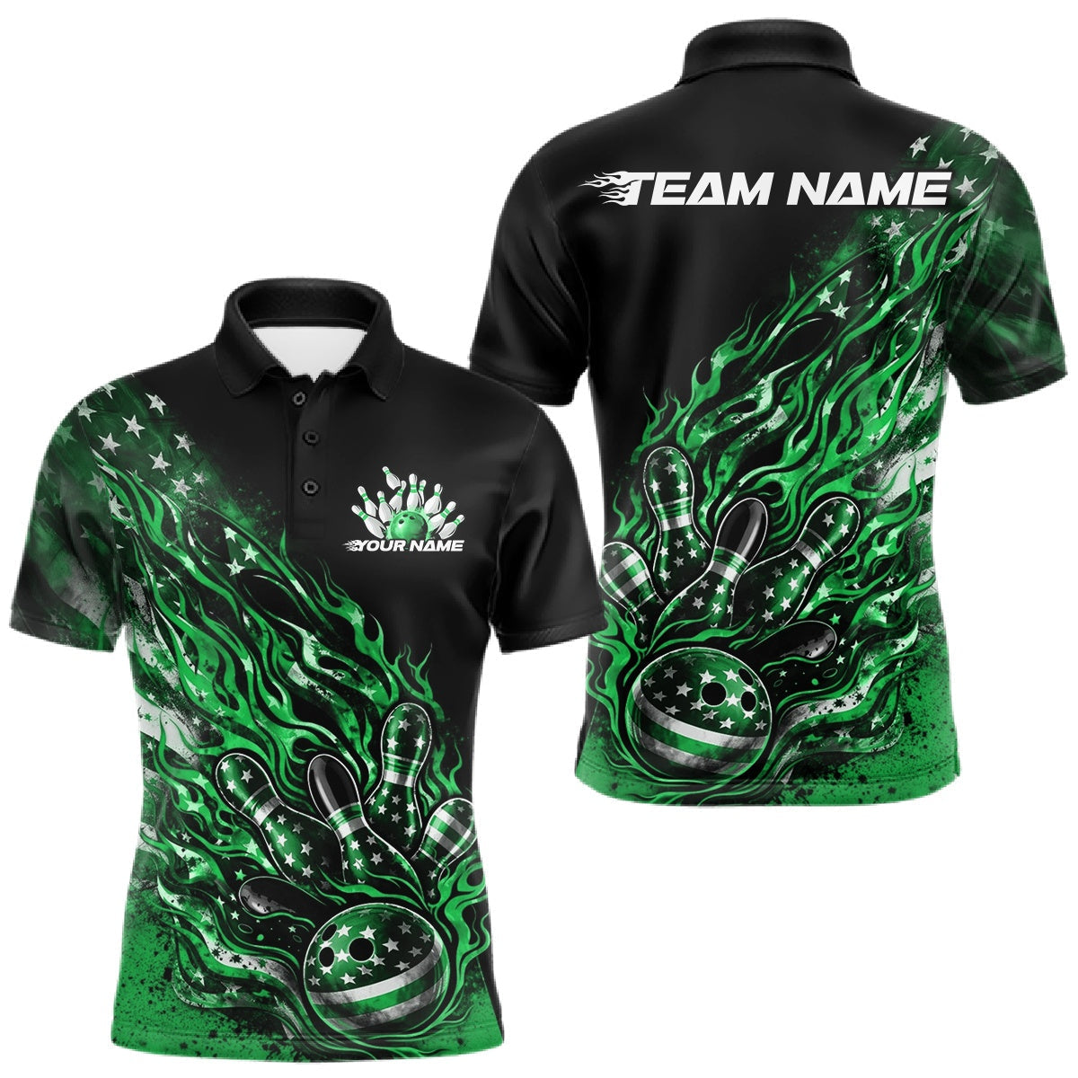 Blisscorners Custom Patriotic Green Flame Bowling Shirts, US Flag Bowling Team Jerseys Freedom 4Th Of July Bowling Shirt LM1501