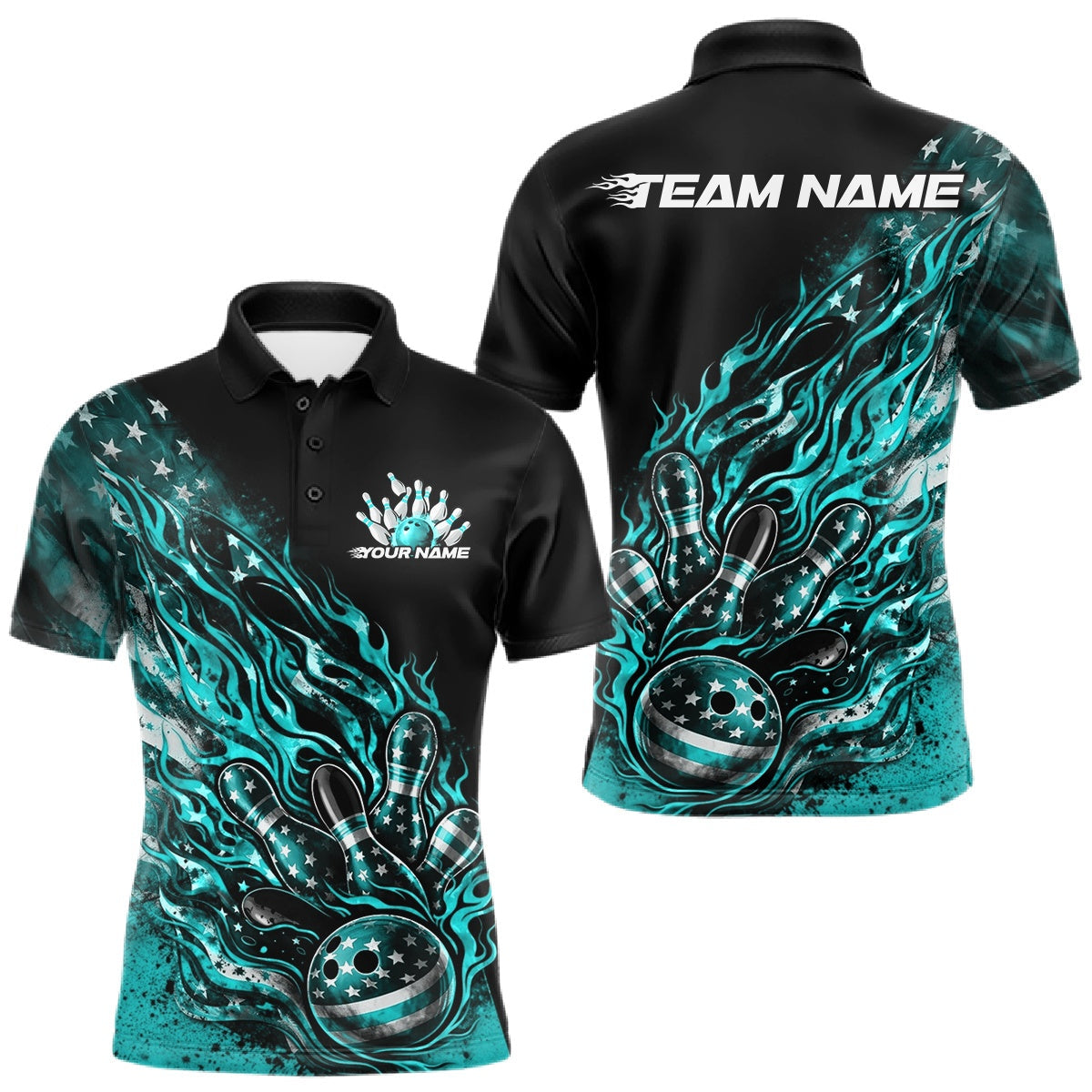 Blisscorners Custom Patriotic Turquoise Blue Flame Bowling Shirts, US Flag Bowling Team Jerseys Freedom Bowling Shirt LM1501